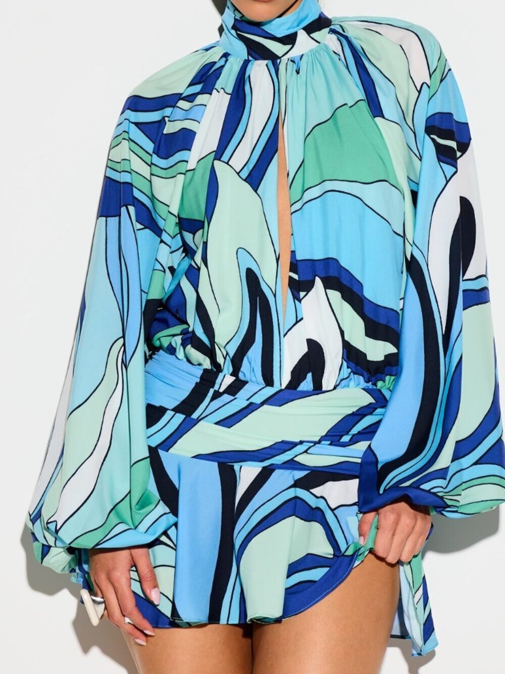 Blue Elegant Women's Printed High Neck Plunge Mini Dress with Balloon Sleeves
